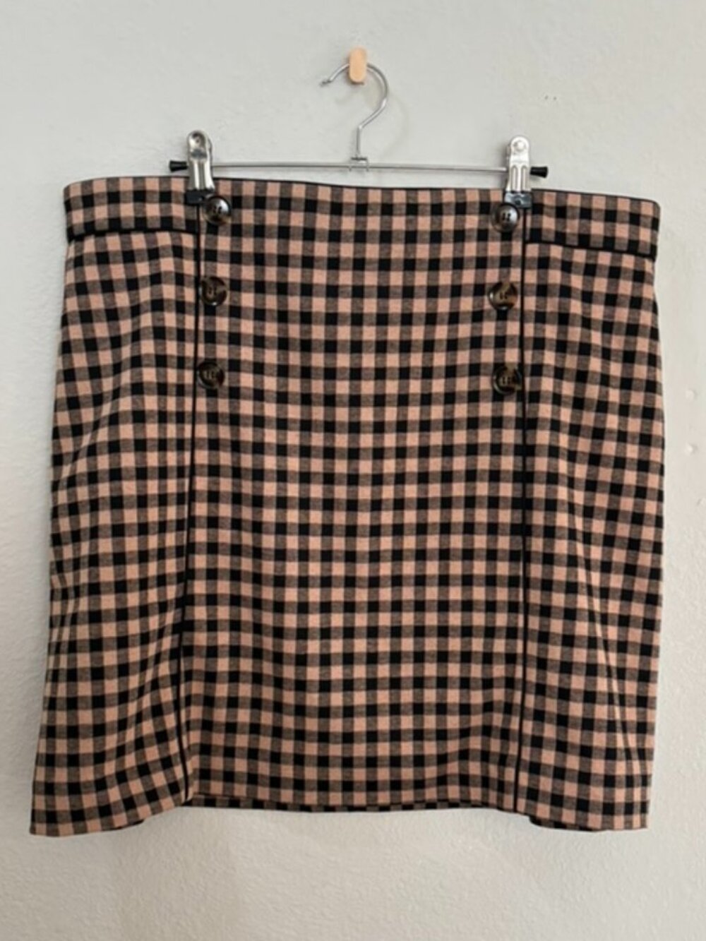 Ann Taylor Brown Black Gingham Mini Skirt with Button Detail Size 16 NWT